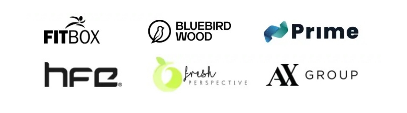 A collection of web design client logos featuring the words "bluebird," "fitbox," "prime,", "hfe", "fresh perspective" and "AX group" displayed together in a cohesive design.