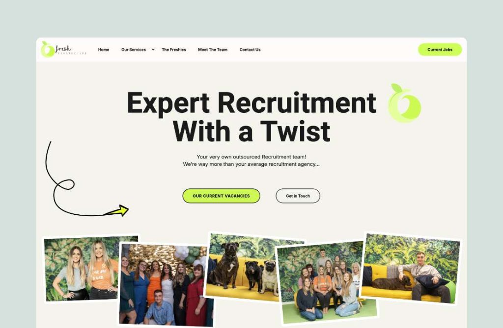 A modern web design showcasing a recruitment company called "Fresh Perspective", featuring a clean layout and user-friendly navigation.