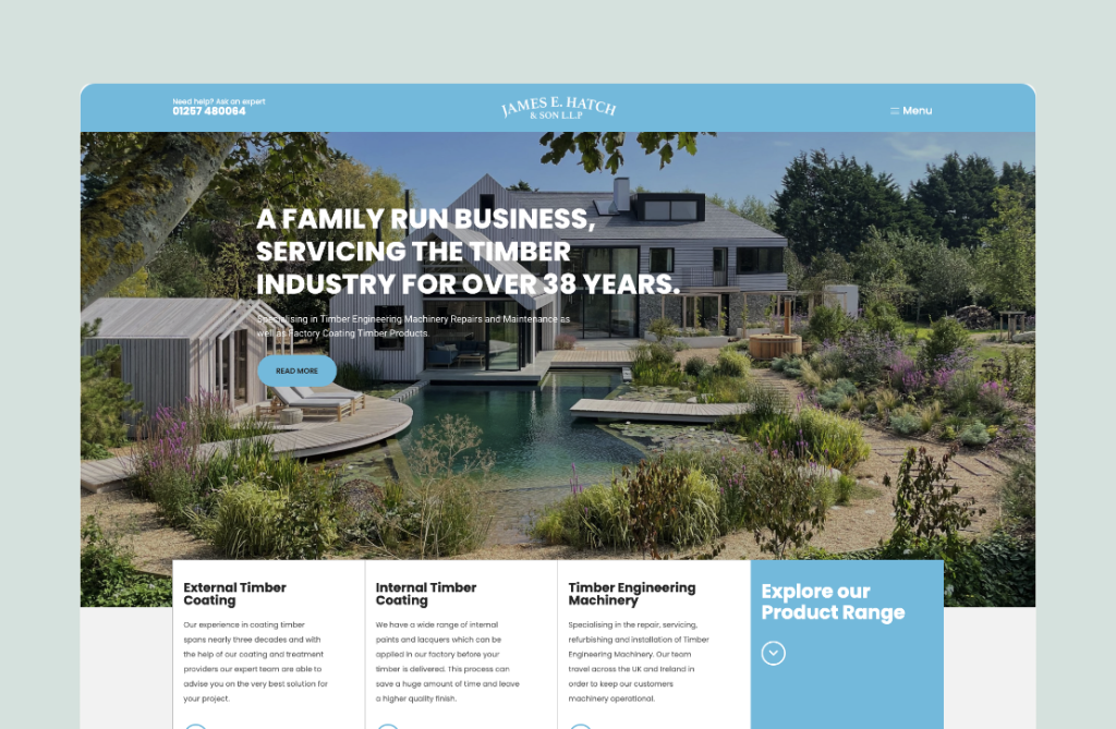 A modern web design showcasing various products from James E. Hatch & Son, a timber coating company, featuring a clean layout and user-friendly navigation.