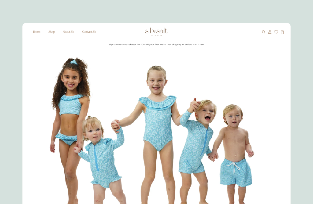 An e-commerce web design showcasing various products from Sib and Salt, a children's swimsuit company, featuring a clean layout and user-friendly navigation.